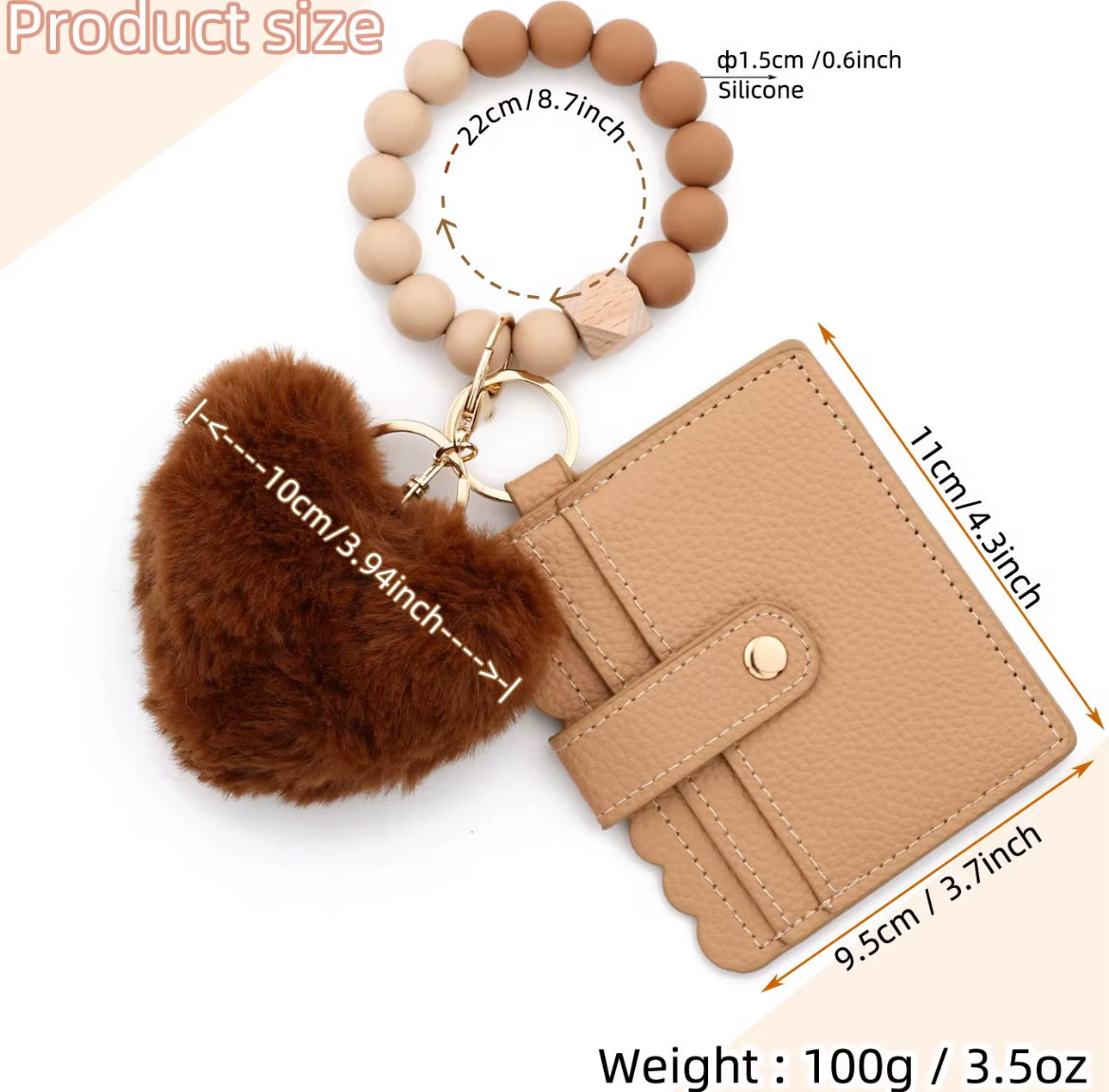 Light Brown wallet with tan and brown silicone beaded wristlet keychain featuring heart shaped pom-pom on a white background