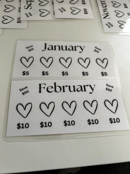 12 Months of Savings Challenge Inserts for Cash Stuffing, Size Fits A6 Budget Binder, Set of 12 Laminated Mini Savings Challenge Trackers