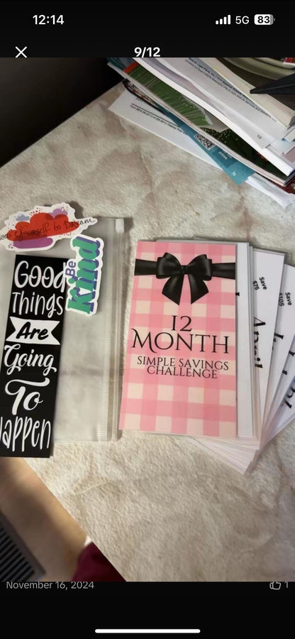 Black Bow, 12 Months of Savings Challenge Bundle for Cash Stuffing, A6 Budget Binder, Set of 12 Laminated Mini Savings Challenge Trackers