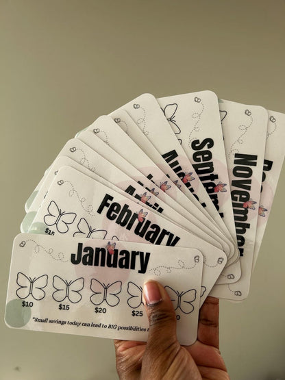 Butterfly 12 Months of Savings Challenge Inserts for Cash Stuffing, Size Fits A6 Budget Binder, Set of 12 Mini Savings Challenge Trackers