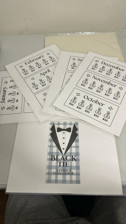 Black Tie Savings Challenge for Men Bundle for Cash Stuffing, A6 Budget Binder, Set of 12 Laminated Mini Savings Challenge Trackers
