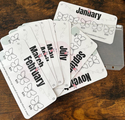 Butterfly 12 Months of Savings Challenge Inserts for Cash Stuffing, Size Fits A6 Budget Binder, Set of 12 Mini Savings Challenge Trackers