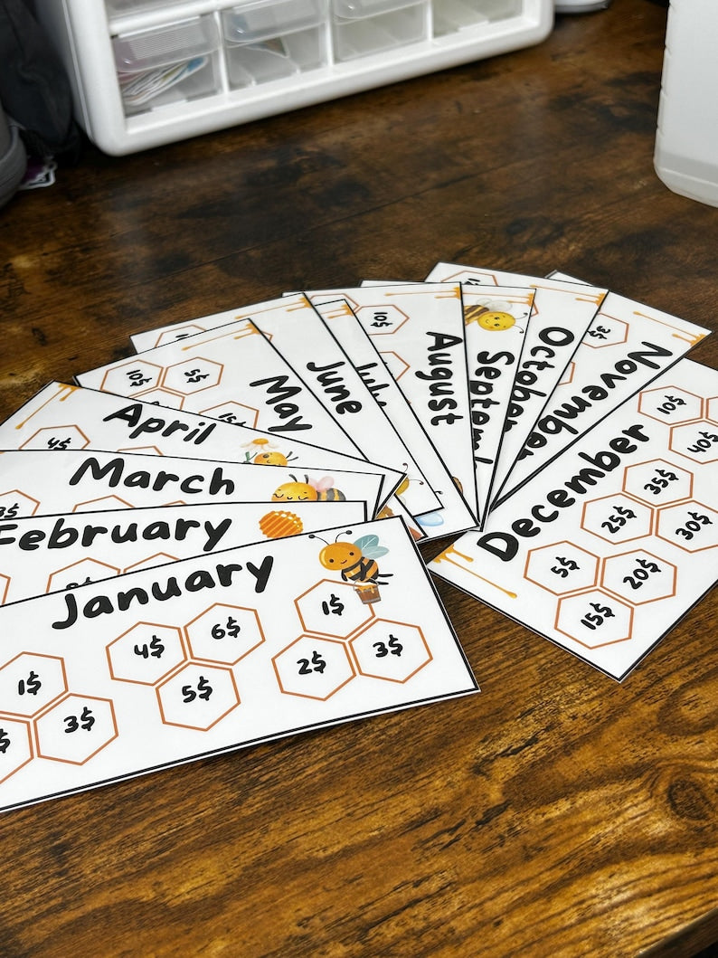 Bee Hive 12 Months Savings Challenge Game Inserts for Cash Stuffing, A6 Binder size, Set of 12 Laminated Mini Savings Challenge Trackers