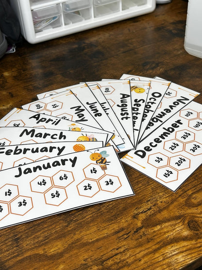 Bee Hive 12 Months Savings Challenge Game Inserts for Cash Stuffing, A6 Binder size, Set of 12 Laminated Mini Savings Challenge Trackers