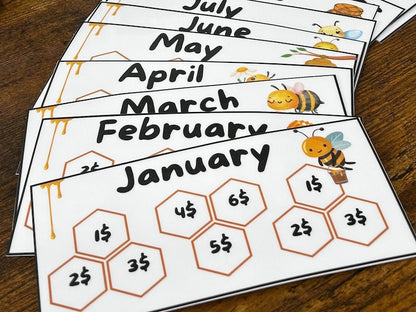 Bee Hive 12 Months Savings Challenge Game Inserts for Cash Stuffing, A6 Binder size, Set of 12 Laminated Mini Savings Challenge Trackers