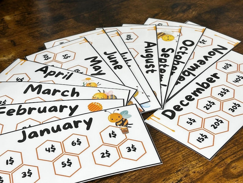 Bee Hive 12 Months Savings Challenge Game Inserts for Cash Stuffing, A6 Binder size, Set of 12 Laminated Mini Savings Challenge Trackers