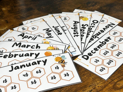 Bee Hive 12 Months Savings Challenge Game Inserts for Cash Stuffing, A6 Binder size, Set of 12 Laminated Mini Savings Challenge Trackers