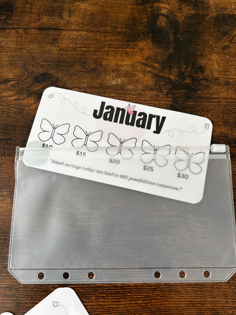 Butterfly 12 Months of Savings Challenge Inserts for Cash Stuffing, Size Fits A6 Budget Binder, Set of 12 Mini Savings Challenge Trackers