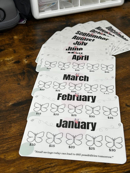 Butterfly 12 Months of Savings Challenge Inserts for Cash Stuffing, Size Fits A6 Budget Binder, Set of 12 Mini Savings Challenge Trackers