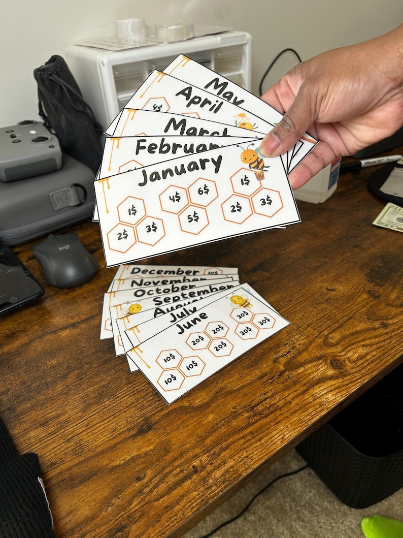 Bee Hive 12 Months Savings Challenge Game Inserts for Cash Stuffing, A6 Binder size, Set of 12 Laminated Mini Savings Challenge Trackers