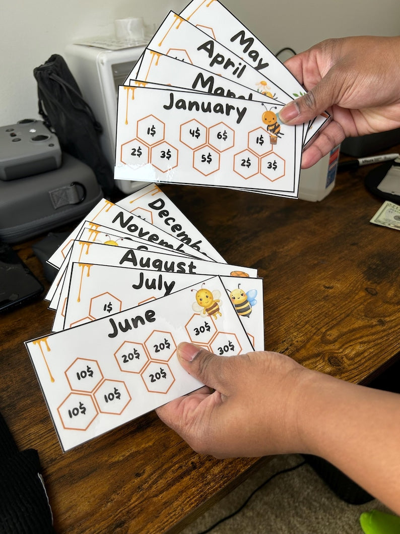 Bee Hive 12 Months Savings Challenge Game Inserts for Cash Stuffing, A6 Binder size, Set of 12 Laminated Mini Savings Challenge Trackers