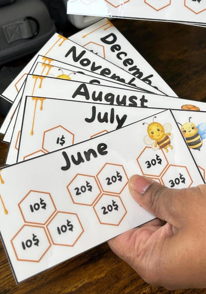Bee Hive 12 Months Savings Challenge Game Inserts for Cash Stuffing, A6 Binder size, Set of 12 Laminated Mini Savings Challenge Trackers